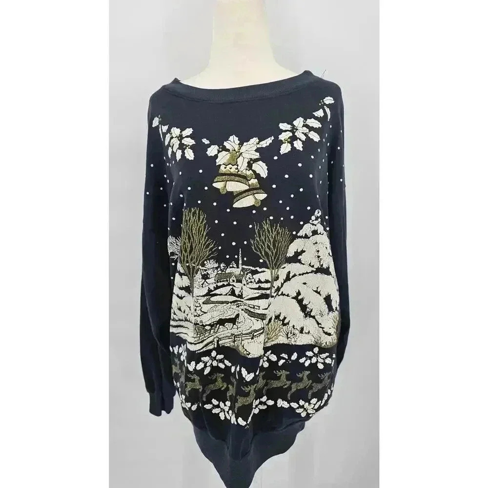 Vtg Turtle Bay Women's Navy Christmas Snow Holiday Crewneck Sweater